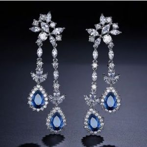 Sapphire Blue Pear Halo Drop Earrings